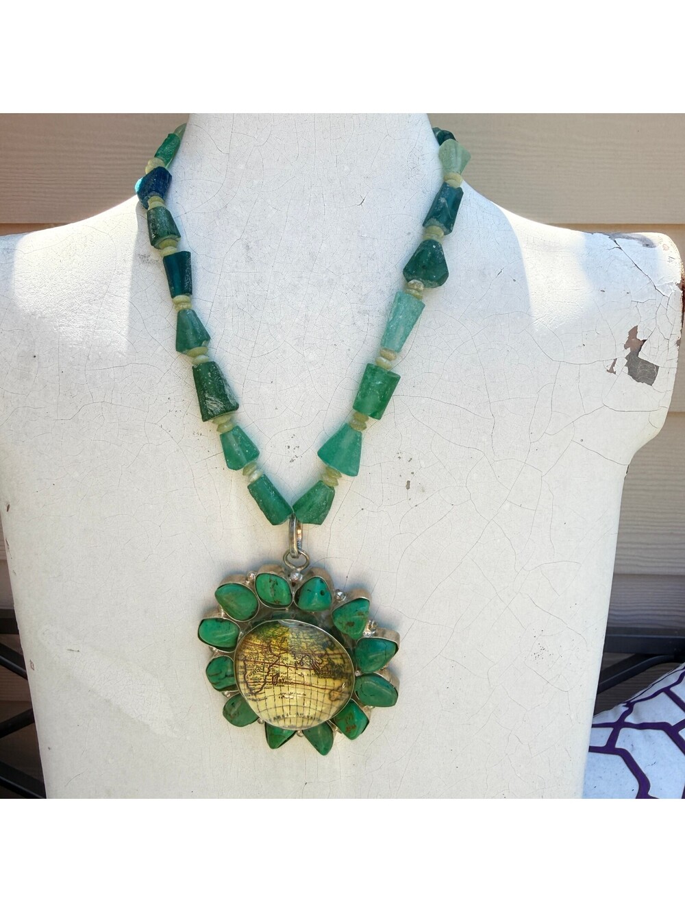 Handmade Turquoise Green Necklace. World Map Statement Pendant Vintage Inspired.